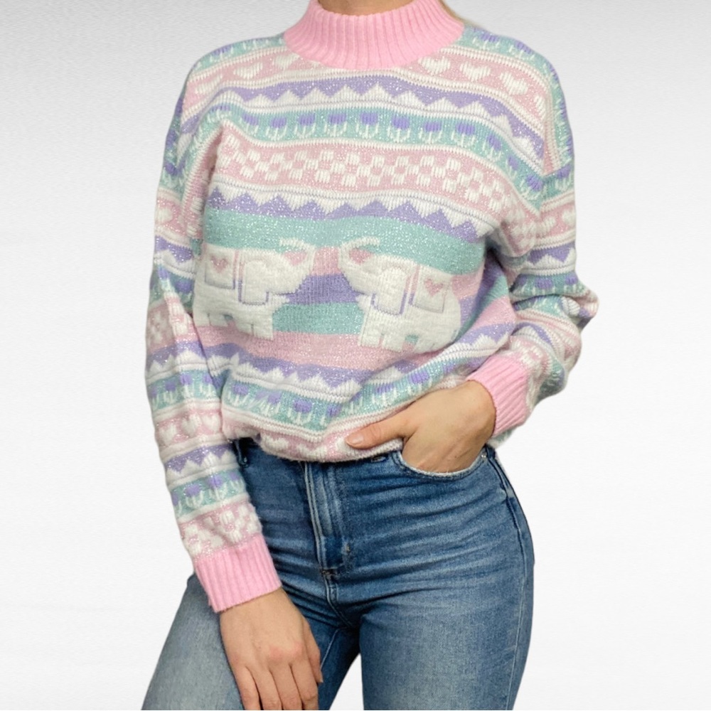 VINTAGE | 1980’s Private Eyes Fairy Kei Kawaii Pastel Elephant Pullover Sweater - Picture 4 of 8